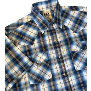 Ely Cattleman Western Shirt Mens Large Blue Plaid Short Sleeve Pearl Snap Cowboy